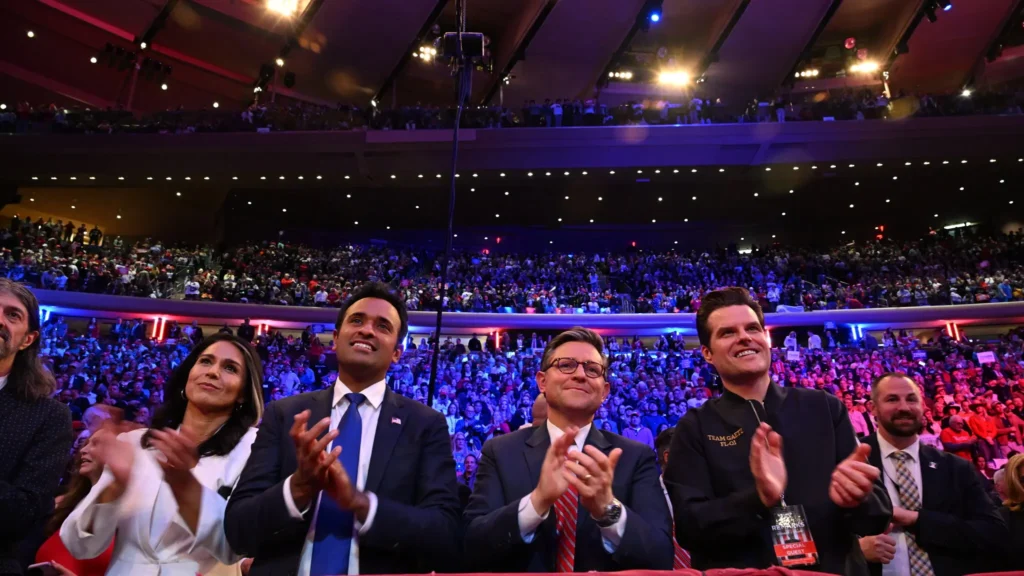 From left, Tulsi Gabbard, Vivek Ramaswamy, Mike Johnson and Matt Gaetz at Donald Trump’s rally in New York City in October.Credit...Kenny Holston/The New York Times