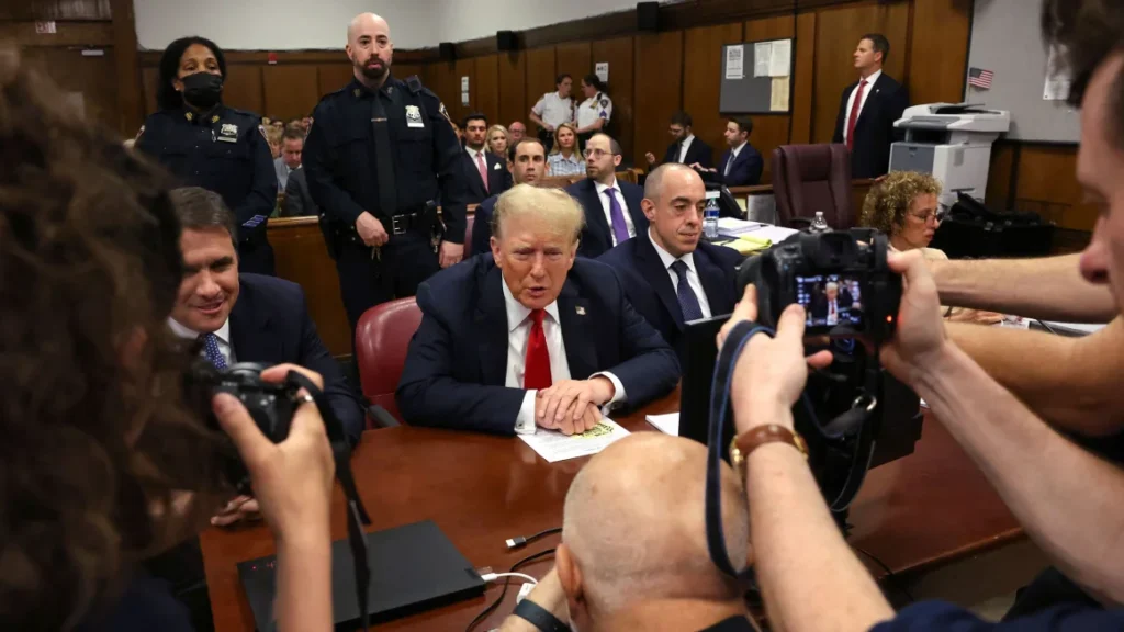 Former President Donald Trump appears in court with his lawyers Todd Blanche, Emil Bove and Susan Necheles for his hush money trial at Manhattan Criminal Court on May 28 in New York City. Spencer Platt/Getty Images