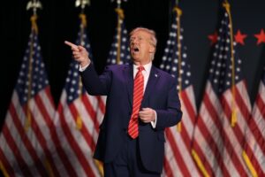 Former President Donald Trump arrives for a campaign event at the Orpheum Theater on Oct. 29, 2023 in Sioux City, Iowa. Photo by Scott Olson/Getty Images.