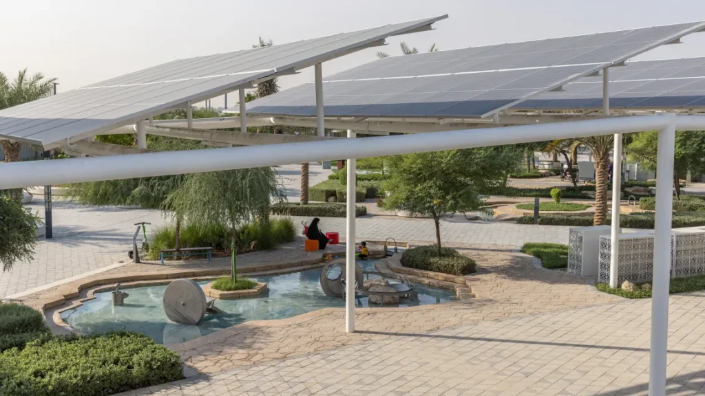 Solar panels double as shade for walkways at Masdar City on November 3, 2023, in Abu Dhabi, United Arab Emirates. Andrea DiCenzo for The Washington Post/Getty Images