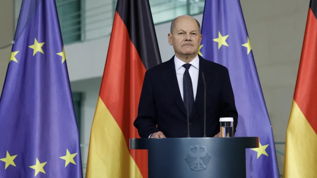 German Chancellor Olaf Scholz speaks at the Chancellery in Berlin on November 6, 2024, after the US presidential elections. Odd Andersen/AFP/Getty Images