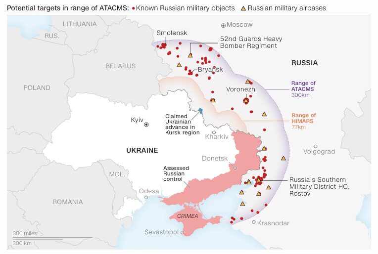 Control data as of Nov. 17, 2024 at 3 p.m. ET. Targets in range of ATACMS data as of Aug. 26, 2024.
Notes: “Assessed” means the Institute for the Study of War has received reliable and independently verifiable information to demonstrate Russian control or advances in those areas. “Claimed” areas are where sources have said control, incursions or counteroffensives are occurring, but ISW cannot corroborate or demonstrate them to be false.

Source: The Institute for the Study of War with AEI’s Critical Threats Project
Graphic: Henrik Pettersson and Lou Robinson, CNN