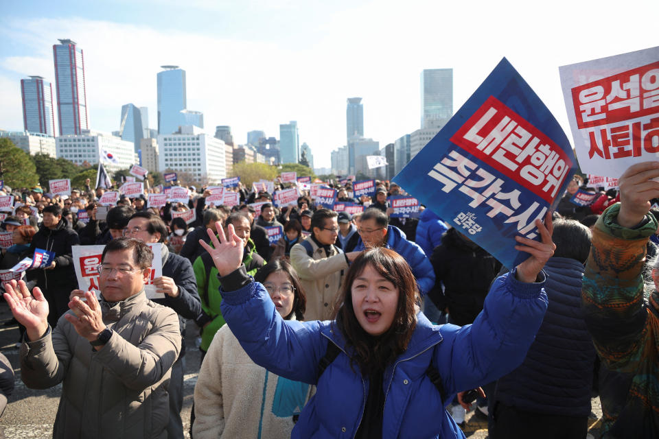 A rally to condemn South Korean President’s surprise declarations of the martial law and to call for his resignation, at the national assembly in Seoul, South Korea, December 4, 2024. REUTERS/Kim Hong-Ji · Reuters / Reuters