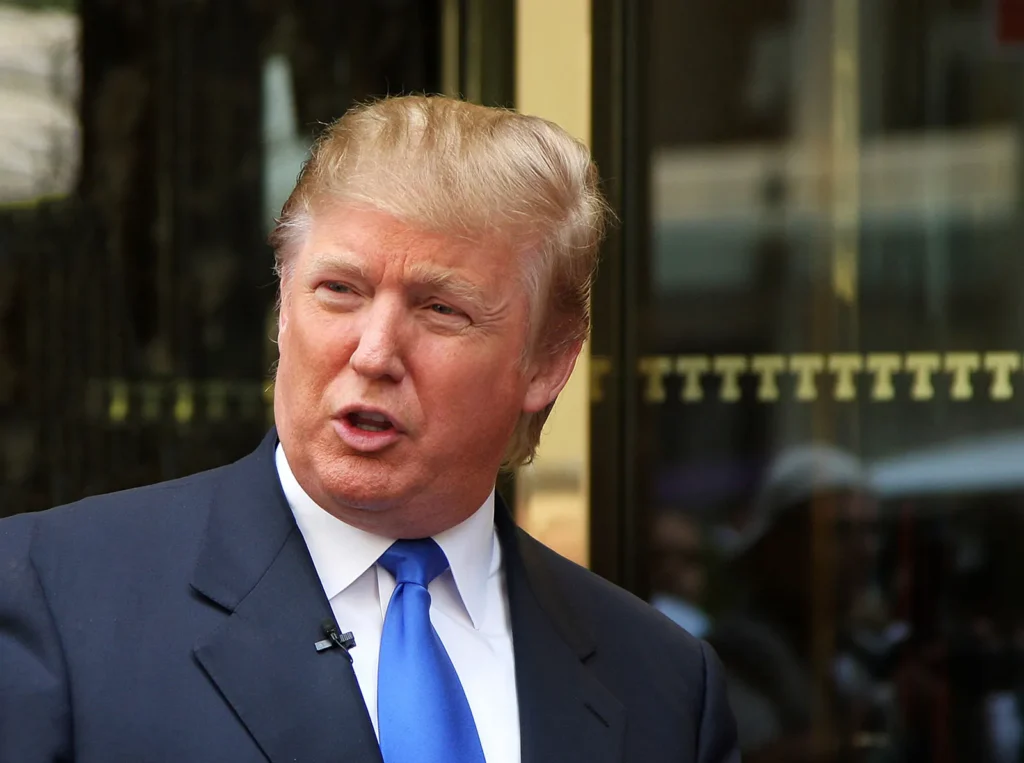 Donald Trump speaking in front of Trump Tower, New York City, August 2008.