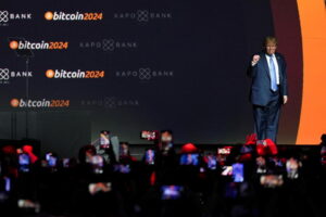 Last July, while campaigning, Donald Trump appeared onstage at the Bitcoin 2024 conference in Nashville, Tenn. REUTERS/Kevin Wurm · REUTERS / Reuters