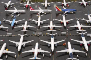 Grounded Boeing 737 Max planes at Boeing Field in Seattle in 2020.David Ryder / Getty Images file