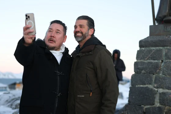 Donald Trump Jr. poses for a selfie with a local man after arriving in Nuuk, Greenland, on Tuesday.Emil Stach / Ritzau Scanpix / AFP via Getty Images