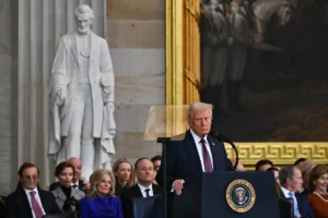 Newly sworn-in President Donald Trump speaks Monday during the 60th inaugural ceremony on Monday in the Capitol Rotunda in Washington. (Ricky Carioti/The Washington Post)