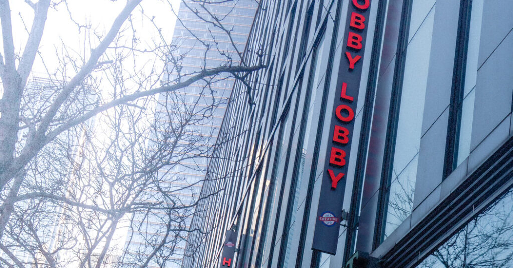Currently under construction, Hobby Lobby’s Manhattan store is in a large retail space that previously housed Bed Bath & Beyond and Barnes & Noble.Credit...Oliver Farshi for The New York Times