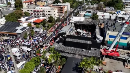 Drone footage shows collapsed roof of Dominican Republic nightclub. Reuters