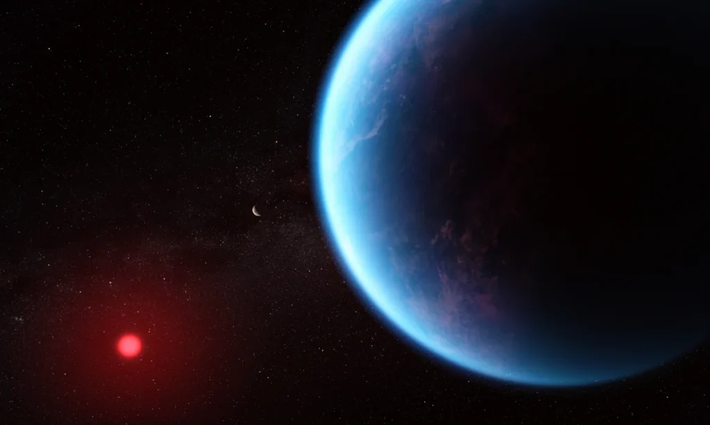 An illustration of what the planet K2-18 b, 124 light years away from Earth, may look like.Illustration. (Nasa, CSA, ESA, J. Olmstead (STScI), N. Madhusudhan/Cambridge University)