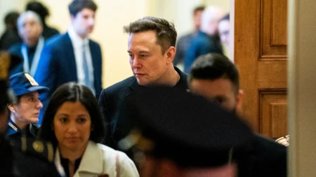 Elon Musk leaves a Senate Republican luncheon after discussing the Department of Government Efficiency (DOGE) at the Capitol in Washington, D.C., on March 5, 2025.