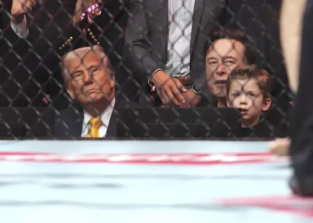 From left: President Donald Trump, Elon Musk, and his son X Æ A-Xii watch a mixed martial arts fight at UFC 314 on April 12, 2025, in Miami. AP PHOTO/LYNNE SLADKY