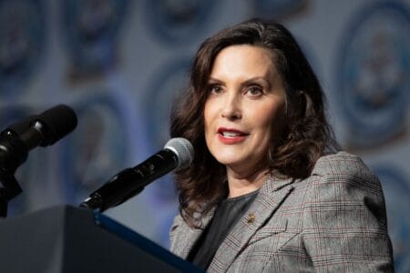 Gov. Gretchen Whitmer, a Democrat, attended a dinner with President Donald Trump and says she hopes to find common ground with the Republican. (Simon Schuster/Bridge Michigan)