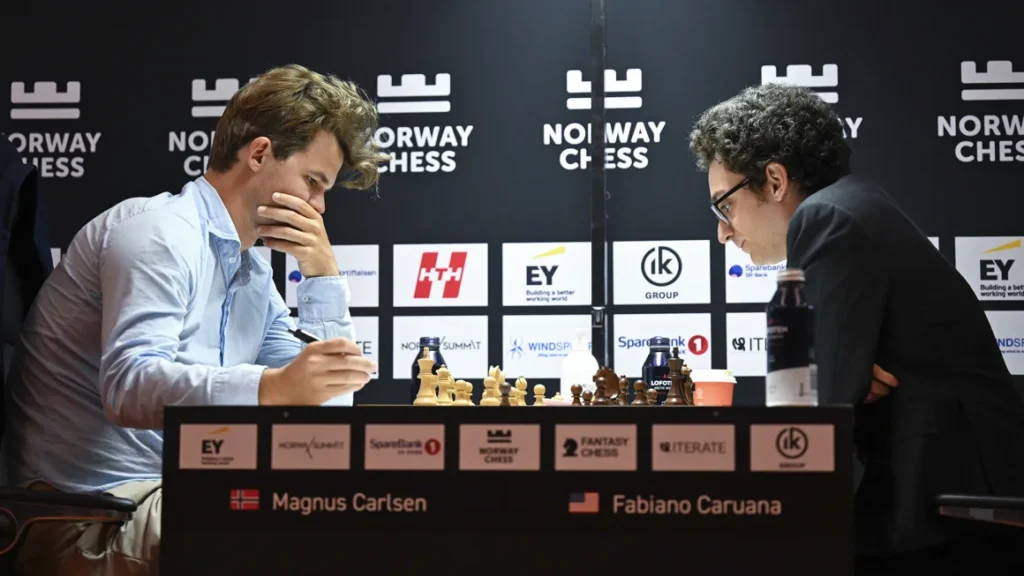 Norway's Magnus Carlsen and Fabiano Caruana during the Norway Chess Open in 2024. Carina Johansen/NTB Scanpix/AP