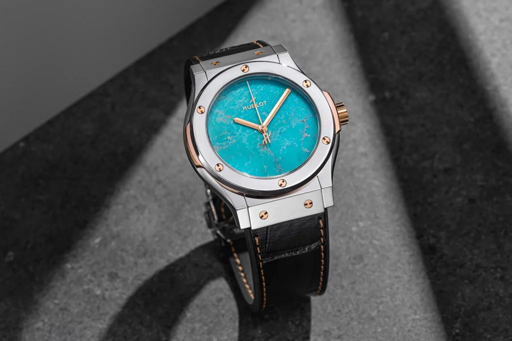 Hublot's Classic Fusion model features colorful dials crafted from turquoise and sodalite, among others. Hublot