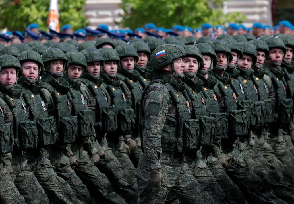Russian soldiers who served in the military campaign in Ukraine taking part this month in a parade in Moscow celebrating Victory Day, the anniversary of the victory over Nazi Germany in World War II. (Maxim Shemetov/Reuters)