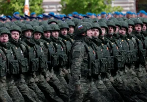Russian soldiers who served in the military campaign in Ukraine taking part this month in a parade in Moscow celebrating Victory Day, the anniversary of the victory over Nazi Germany in World War II. (Maxim Shemetov/Reuters)