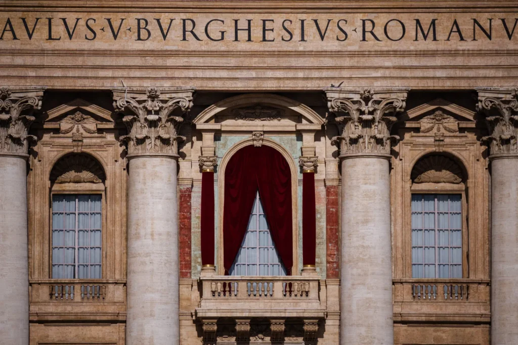 The balcony of St. Peter’s Basilica, from which the new pope will be announced. (Dimitar Dilkoff/Agence France-Presse/Getty Images)