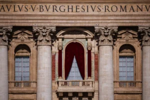 The balcony of St. Peter’s Basilica, from which the new pope will be announced. (Dimitar Dilkoff/Agence France-Presse/Getty Images)