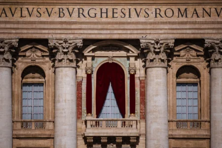 The balcony of St. Peter’s Basilica, from which the new pope will be announced. (Dimitar Dilkoff/Agence France-Presse/Getty Images)