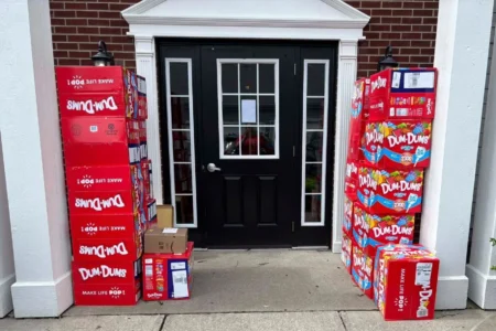 The delivery of Dum-Dums lollipops was left outside of the LaFaverses’ home on Monday in Lexington, Ky. (Holly LaFavers/Associated Press)
