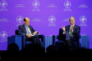 Treasury Secretary Scott Bessent, right, with Michael Milken this week at the Milken Institute Global Conference, where Mr. Bessent sought to allay financiers’ concerns. (Mike Blake/Reuters)