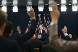“It’s really not at all clear what it is we should do,” Jerome H. Powell, the Federal Reserve chair, said during a news conference on Wednesday in Washington. (Brendan Smialowski/Agence France-Presse/Getty Images)