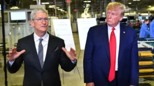 US President Donald Trump (r) and Apple CEO Tim Cook speak to the press during a tour of the Flextronics computer manufacturing facility where Apple’s Mac Pros are assembled in Austin, Texas, on November 20, 2019. (Mandel Ngan/AFP/Getty Images)