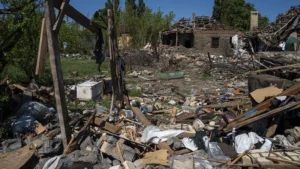 OLEKSIJEVA DRUZHKIVKA, UKRAINE - MAY 23: View of destruction after Russian shelling of the private sector in Oleksijeva Druzhkivka, Donetsk oblast, Ukraine on May 23, 2025. (Jose Colon/Anadolu/Getty Images)