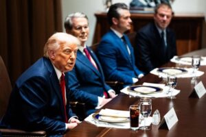 President Donald Trump eats lunch with his cabinet and the Prime Minister of Italy in April. )The Washington Post/Getty Images)