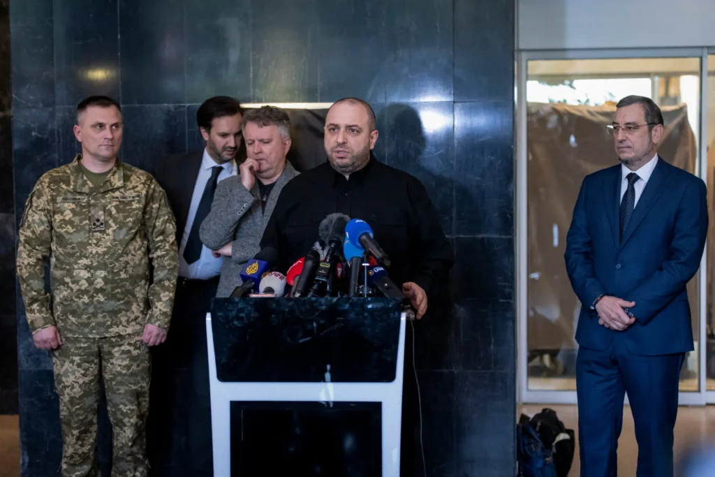 The Ukrainian delegation after meeting with the Russian delegates in Istanbul, on Friday. (Kemal Aslan/Agence France-Presse/Getty Images)