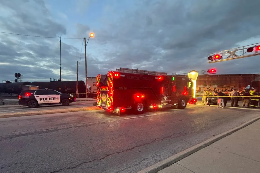 Emergency responders at the scene where a train hit multiple people in Fremont, Ohio, on Sunday night. (Emerson Young/X)