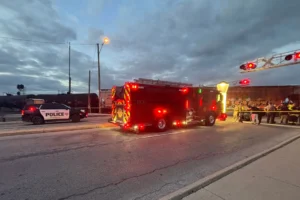 Emergency responders at the scene where a train hit multiple people in Fremont, Ohio, on Sunday night. (Emerson Young/X)