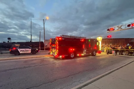 Emergency responders at the scene where a train hit multiple people in Fremont, Ohio, on Sunday night. (Emerson Young/X)