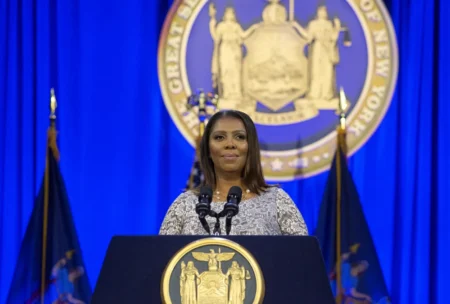 New York State Attorney General Letitia James takes her oath of office on Ellis Island on Jan. 1, 2019. (Andrew Lichtenstein / Corbis/ Getty Images file)
