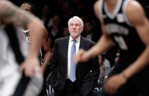 San Antonio Spurs head coach Gregg Popovich watches his team play during the first half of an NBA basketball game against the Brooklyn Nets Wednesday, Jan. 17, 2018, in New York. (AP Photo/Frank Franklin II)