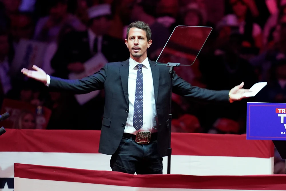Tony Hinchcliffe at a Donald Trump campaign rally at Madison Square Garden in New York on Sunday. (Evan Vucci / AP)