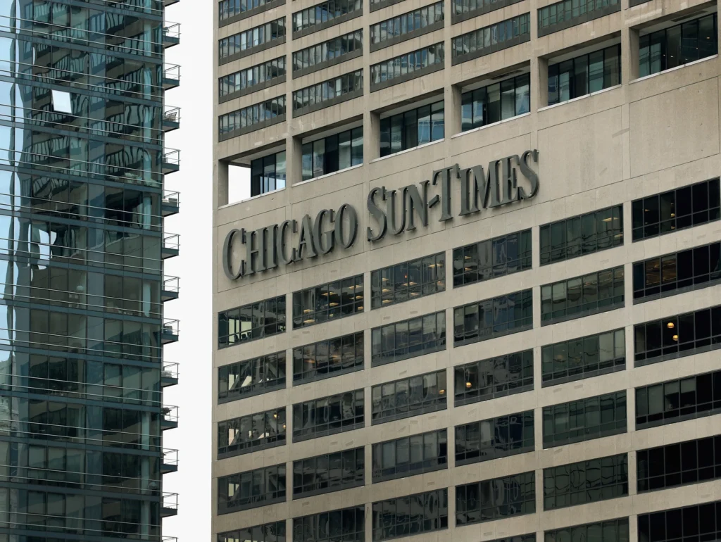 The Chicago Sun-Times’s offices. An investor group led by Edwin Eisendrath and the Chicago Federation of Labor, an umbrella group of labor unions, submitted the winning bid for the newspaper. (G-Jun Yam/Associated Press)
