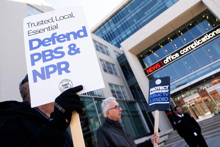 People rally to call on Congress to protect funding for Public Broadcasting Service (PBS) and National Public Radio outside the NPR headquarters in Washington, DC, on March 26, 2025. (Saul Loeb/AFP via Getty Images via CNN Newsource)