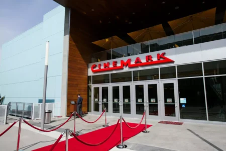 Shown is the entrance of a Cinemark movie theater in the Playa Vista neighborhood of Los Angeles. (Marcus Yam / Los Angeles Times)