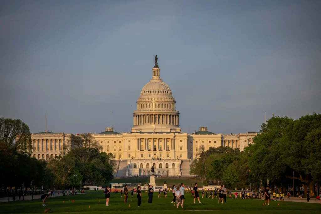 The United States Capitol is illuminated by the evening sun in Washington, D.C., April 24, 2025. (Juliane Sonntag/picture alliance/dpa/AP Images)
