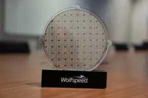 U.S. power chip maker Wolfspeed’s silicon carbide 200mm wafer is seen on display at Wolfspeed’s Mohawk Valley Fab in Marcy, New York, U.S., April 2022. (Wolfspeed/Handout via REUTERS/File Photo)