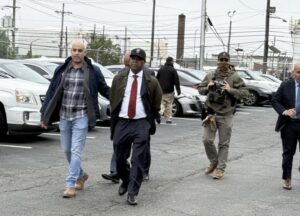 Newark Mayor Ras Baraka being taken into custody by federal agents at Delaney Hall, an immigrant jail in Newark, on May 9, 2025. (Photo courtesy of Rep. Bonnie Watson Coleman)