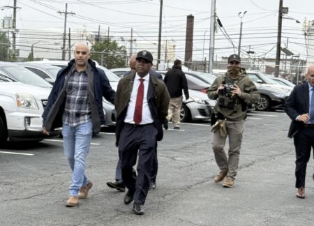 Newark Mayor Ras Baraka being taken into custody by federal agents at Delaney Hall, an immigrant jail in Newark, on May 9, 2025. (Photo courtesy of Rep. Bonnie Watson Coleman)