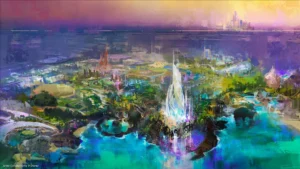 An artist’s rendering of a new waterfront Disney theme park planned for Abu Dhabi, the capital of the United Arab Emirates. (Walt Disney Imagineering)