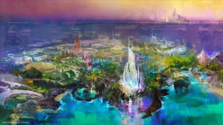 An artist’s rendering of a new waterfront Disney theme park planned for Abu Dhabi, the capital of the United Arab Emirates. (Walt Disney Imagineering)