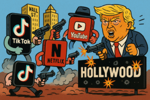 Tik Tok, Netflix, Youtube and Donald Trump is killing Hollywood with Guns image made with AI. (Ashly Parker/OpenAI/The NewYorkBudgets)