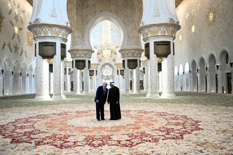President Trump visits the Sheikh Zayed Grand Mosque with Crown Prince Sheikh Khaled bin Mohamed bin Zayed Al Nahyan in Abu Dhabi on May 15, 2025. (Brendan Smialowski/AFP via Getty Images)