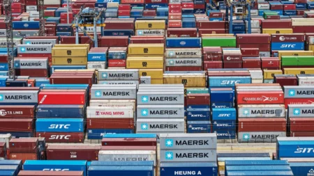 An aerial view shows cargo containers stacked at a port in Shanghai on April 20. (AFP/Getty Images)
